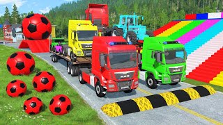 Double Flatbed Trailer Truck vs Speedbumps Train vs Cars  Tractor vs Train BeamngDrive 0171 [upl. by Atram]