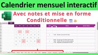 Excel Pros  Calendrier mensuel Interactif  Notes pour Planifier Rendezvous Réunions Projets👍 [upl. by Dudley335]