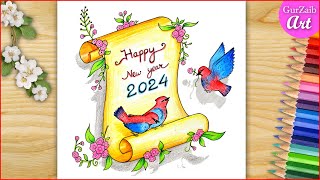 New Year Drawing 2024  Happy New Year Poster making  Easy  Step by step [upl. by Dikmen]