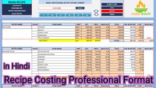 RECIPE COSTING PROFESSIONAL FORMAT in Hindi  lifelong use  Unlimeted Recipe [upl. by Odnanref]