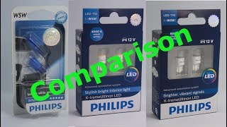 Philips W5W  WhiteVision 4300K vs XtremeUltinon 4000K LED vs XtremeUlition 6000K LED [upl. by Akemet]