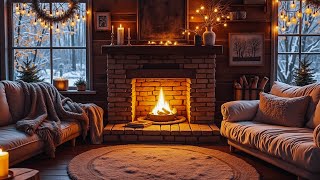 Cozy Winter Cabin ❄️Warm Firelight Rustic Charm amp Snowy Forest View  Relaxing Jazz for Peaceful [upl. by Rossen]