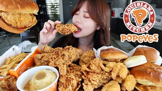 POPEYES FAST FOOD MUKBANG 먹방 SPICY CHICKEN SANDWICH FRIED CHICKEN POPCORN SHRIMP CAJUN FRIES [upl. by Cirtap]