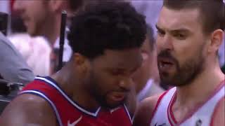 Class act Marc Gasol comforting and consoling Joel Embiid after the game [upl. by Ardnad]