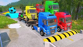 Double Flatbed Trailer Truck vs Speedbumps Train vs Cars  Tractor vs Train BeamngDrive 050 [upl. by Kiefer]