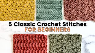 5 EASY CROCHET STITCHES THAT ANY BEGINNER CAN DO Linen Alpine Shell Granny and Wave Stitch [upl. by Vaasta]