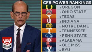 ESPN quotbreaks downquot CFB Power Rankings Week 12 1Oregon 2Ohio State 3Texas 4Indiana  8Alabama [upl. by Kiley701]