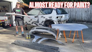 400hp Turbo EG Civic Rebuild Pt 7 Sanding And Priming Guards Bonnet And Bumpers [upl. by Esenahs]