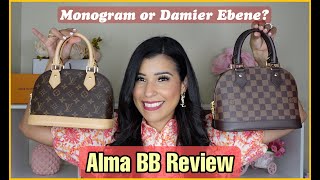 LOUIS VUITTON ALMA BB REVIEW 2022 WHAT FITS PROS CONS DAMIER EBENE VS MONOGRAM [upl. by Nollek]