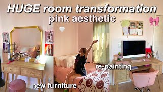 HUGE ROOM TRANSFORMATION 🎀🤍 pink aesthetic all new furniture room tour repainting decor haul [upl. by Quillan]