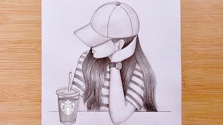 How to draw A girl with Starbucks Iced Coffee  step by step  Pencil Sketch for beginners [upl. by Otrebla]