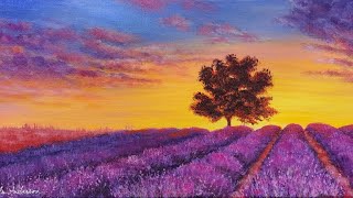 Sunset Lavender Field Landscape Acrylic Painting LIVE Tutorial [upl. by Haddad]