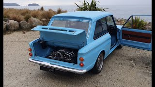 Hillman Imp with Honda Goldwing flat six engine  first drive [upl. by Nwahsem]