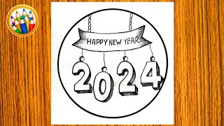 Happy New Year Drawing 2024  Circle Drawing Happy New Year Drawing 2024 Drawing Easy [upl. by Nemracledairam]