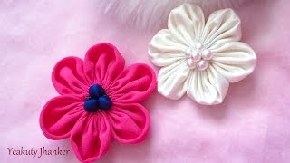 DIY Six petal Kanzashi fabric flower hair clip [upl. by Alomeda]