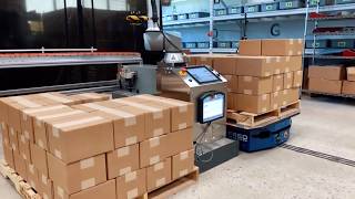 AMR  AGV Working With a Collaborative Robot Palletizer  Cobot  ONExia Inc [upl. by Annoyik]