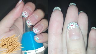 Easy DIY Flower Nail Art for Spring TOOTHPICK NAIL ART French Manicure  Rose Pearl [upl. by Enyawad349]