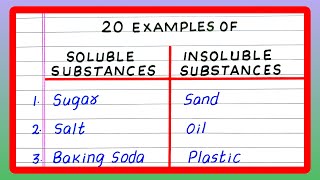 SOLUBLE AND INSOLUBLE SUBSTANCES  5  10  20 EXAMPLES OF SOLUBLE AND INSOLUBLE SUBSTANCES [upl. by Claudette]