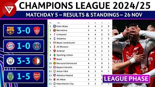 🔵 MD5 UEFA Champions League 202425 League Phase Results amp Standings Table  26 Nov 2024 [upl. by Milly]