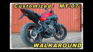 Customized Yamaha MT07 ★ modified Akrapovic Sound check  walkaround  FZ07 HD [upl. by Wahkuna]