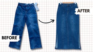 How to Transform Your Jeans into a Maxi Denim Skirt with Side Slits  DIY Pants Reconstruction [upl. by Odrahcir]