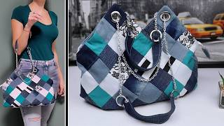 DIY ADORE PATCHWORK DENIM JEANS WOMAN BAG SEWING IDEA FROM SCRATCH [upl. by Adnarram]