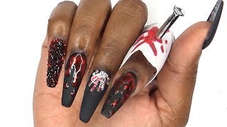 Acrylic Nails Tutorial  How To Nail Art Nail Polish Matte Black Halloween Nails  for Beginners [upl. by Ynnub231]