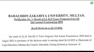 BZU LLB 5 YEAR PART 3 RESULT SUPPLY EXAM 2022 GAZETTE  GOOD NEWS  RESULT PERCENTAGE [upl. by Atiuqihc]