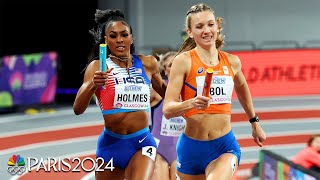 Femke Bol vs Alexis Holmes anchor leg duel decides tight 4x400 final at Indoor Worlds  NBC Sports [upl. by Nnairda89]