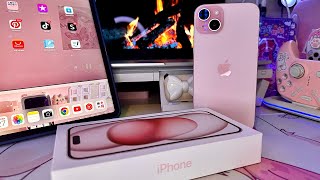 Aesthetic unboxing new iPhone 15 plus pink  setup  accessories 💕What’s on my phone 📱 Kawaii [upl. by Hegyera]