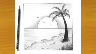 How To Draw Ocean Step By Step Sea Drawing Palm Tree Drawing Landscape رسم منظر طبيعي [upl. by Katlaps]