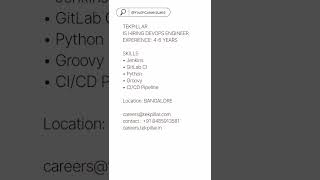 TEKPILLAR IS HIRING DEVOPS ENGINEER  Jenkins  GitLab CI Python Groovy CICD Pipeline BANGALORE [upl. by Littell478]