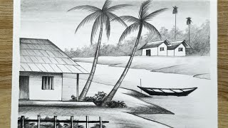 গ্রামের দৃশ্য সিনারি ড্রয়িং village scenery pencil drawing and shadingscenery drawing with pencil [upl. by Adiesirb38]