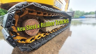 JCB 65R1 How to fit new 400mm Steel Tracks and Rubber Blocks [upl. by Tiphani870]