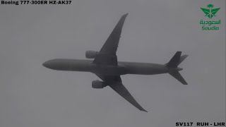 Saudia Boeing 777300ER emerging through the clouds heading to London Heathrow airport [upl. by Reube9]