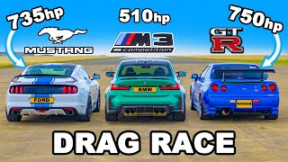 750hp Nissan Skyline R34 GTR v 735hp Mustang v BMW M3 DRAG RACE [upl. by Hesler]