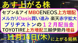 あす上がる株 2024年１１月１４日（木）に上がる銘柄。セブンampアイMBO。メルカリOasis。ＥＮＥＯＳ、楽天、TOYOTIRE、三越伊勢丹の決算～最新の日本株情報。高配当株の株価やデイトレ情報～ [upl. by Engdahl]