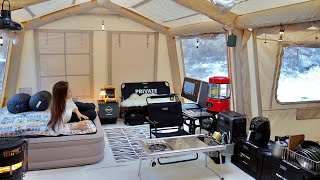 10°C winter camping in the snow in an inflatable tent with balcony [upl. by Kostman]