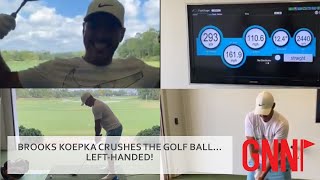 Brooks Koepka smashes the golf ball with lefthanded clubs [upl. by Nnayt35]