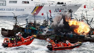 South Korean Coast Guard DESTROYS Illegal Chinese Fishing Vessel with water BOMBING in Korean waters [upl. by Roselba]