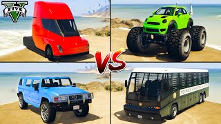 Tesla Semi vs Police Bus vs Offroad Patriot vs Monster Grotti Brioso  GTA 5 Cars Which is best [upl. by Sharlene]