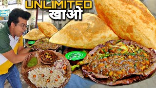 Ab ठूंस ठूंस के खाओ। Unlimited chole bhature  Chole चावल Lassi only 99। Street food India [upl. by Nosirrah554]