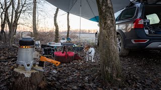 Winter car camping solo with my dog 6°C  Volvo XC70 campfire wood stove [upl. by Wickham36]