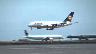 Lufthansa Airbus 380800 Flight  454 from Frankfurt Germany Arriving at SFO on 5212011 [upl. by Drexler]