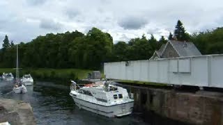 Swing Bridge Over Caledonian Canal With Bagpipes Music On History Visit to Fort Augustus Scotland [upl. by Drye372]