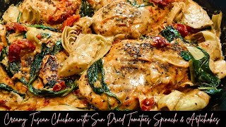 Creamy Tuscan Chicken with Sun Dried Tomatoes Spinach amp Artichokes Recipe  ThymeWithApril [upl. by Eded]