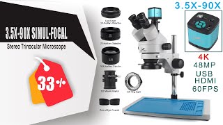 35X90X SimulFocal Stereo Trinocular Microscope 4K 2K 48MP 1080P HDMI USB Digital Video Camera [upl. by Moguel]