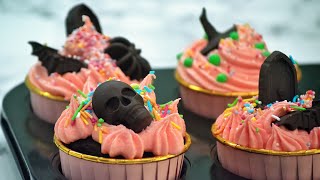 Chocolate Halloween Cupcakes 🎃 Pink Buttercream Frosting [upl. by Medorra781]