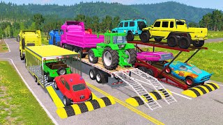 Flatbed Trailer Cars Transportation with Truck  Speedbumps vs Cars vs Train  BeamNGDrive 004 [upl. by Melessa]