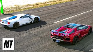 Lamborghini Aventador vs Ford GT Drag Race  Top Gear America  MotorTrend [upl. by Lyrrad]